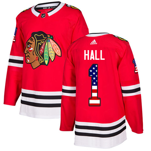 Adidas Blackhawks #1 Glenn Hall Red Home Authentic USA Flag Stitched NHL Jersey